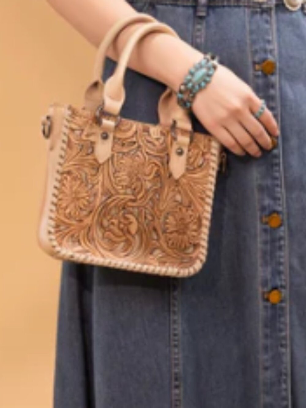 Trinity Ranch Floral Tooled Mini Tote Crossbody Tan NWT - Picture 5 of 7